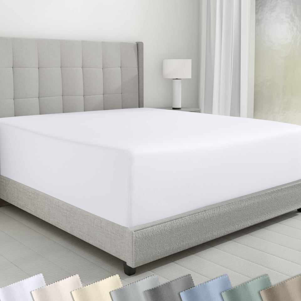 California Design Den queen fitted sheet close-up showing silky sateen texture for soft comfort.