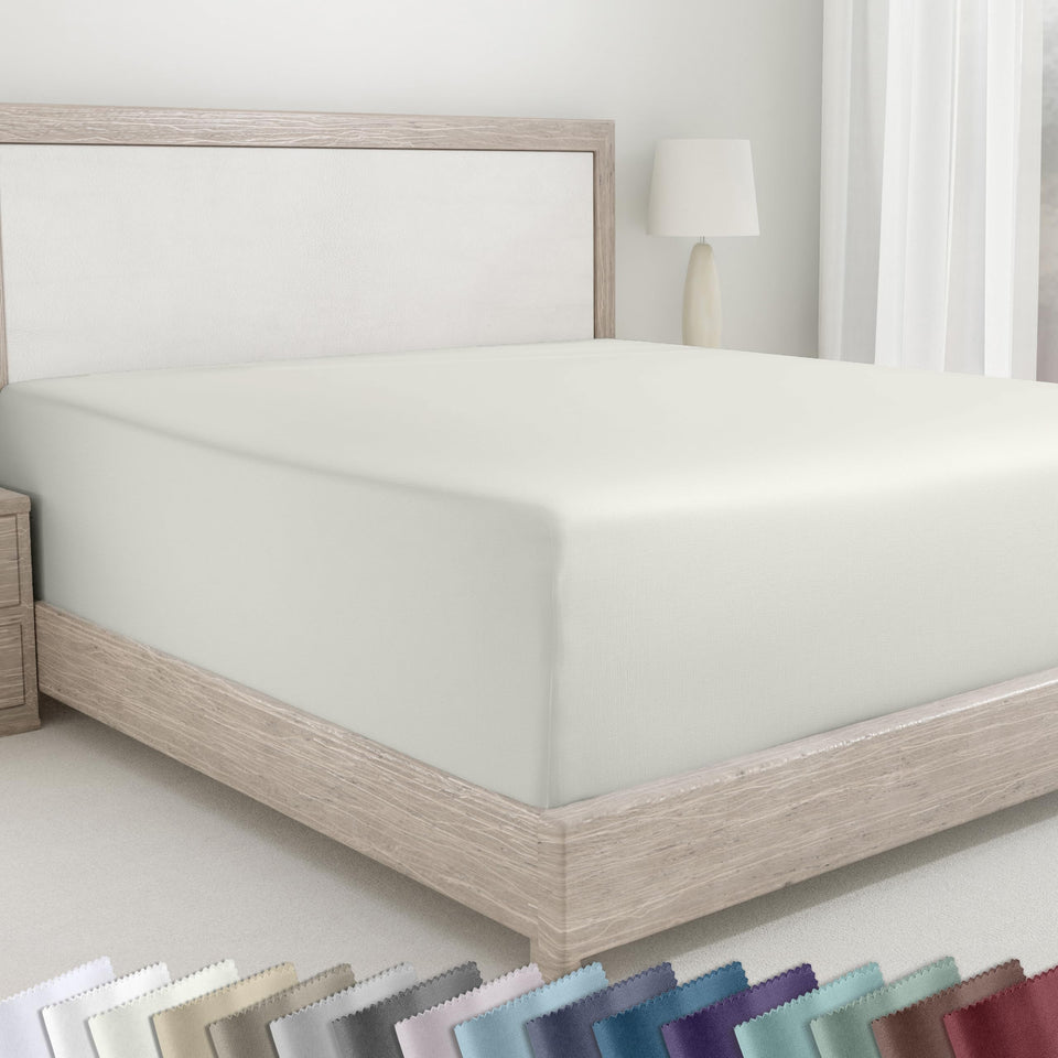California Design Den queen ivory fabric close-up showing silky sateen finish