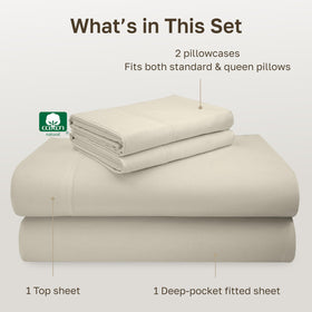 California Design Den cream deep-pocket elastic fitted sheet holding an 8 to 16 inch mattress