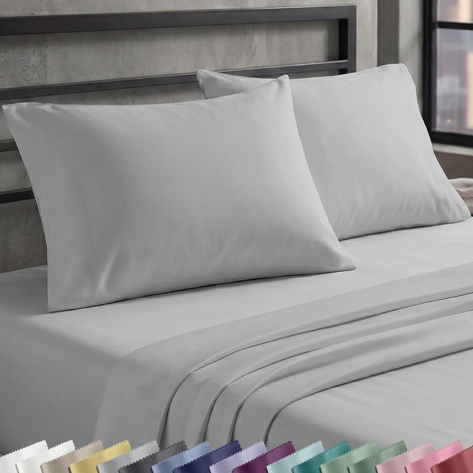 California Design Den Queen Sheet Set natural sateen closeup highlights soft, breathable fabric.