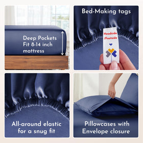 California Design Den navy sheet set on a modern bed, showcasing coordinated bedding aesthetics.