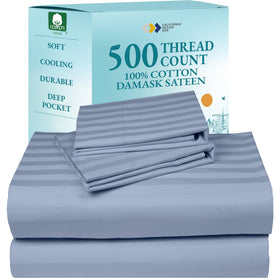 California Design Den queen flat sheet in light blue striped sateen finish for a soft, smooth sleep