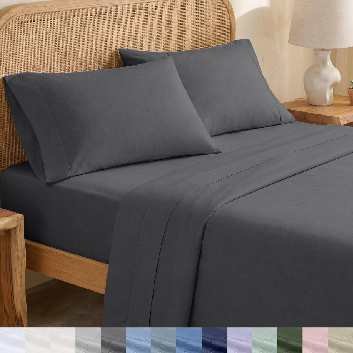 California Design Den queen flat top sheet in grey with crisp percale finish.