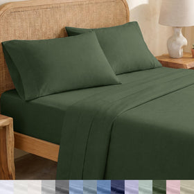 California Design Den queen olive green percale sheets show crisp, breathable weave