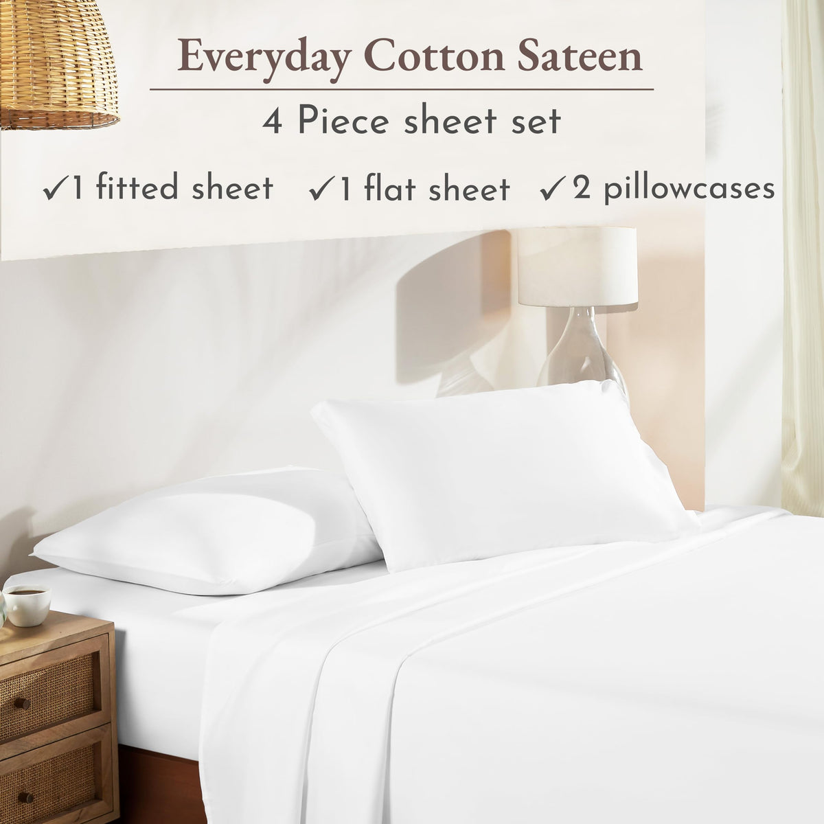 California Design Den satin-weave sheets offer a soft, lustrous look for year-round comfort.