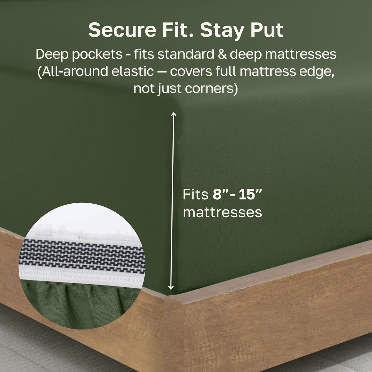 California Design Den olive green fitted sheet with smart labels for easy bed making.