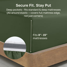 California Design Den olive green fitted sheet with smart labels for easy bed making.