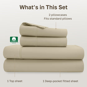 California Design Den 400 TC sheet set in beige with breathable, silky-smooth hand