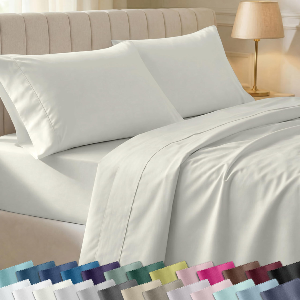 California Design Den king sheet set in ivory with closeup of silky weave and soft texture.
