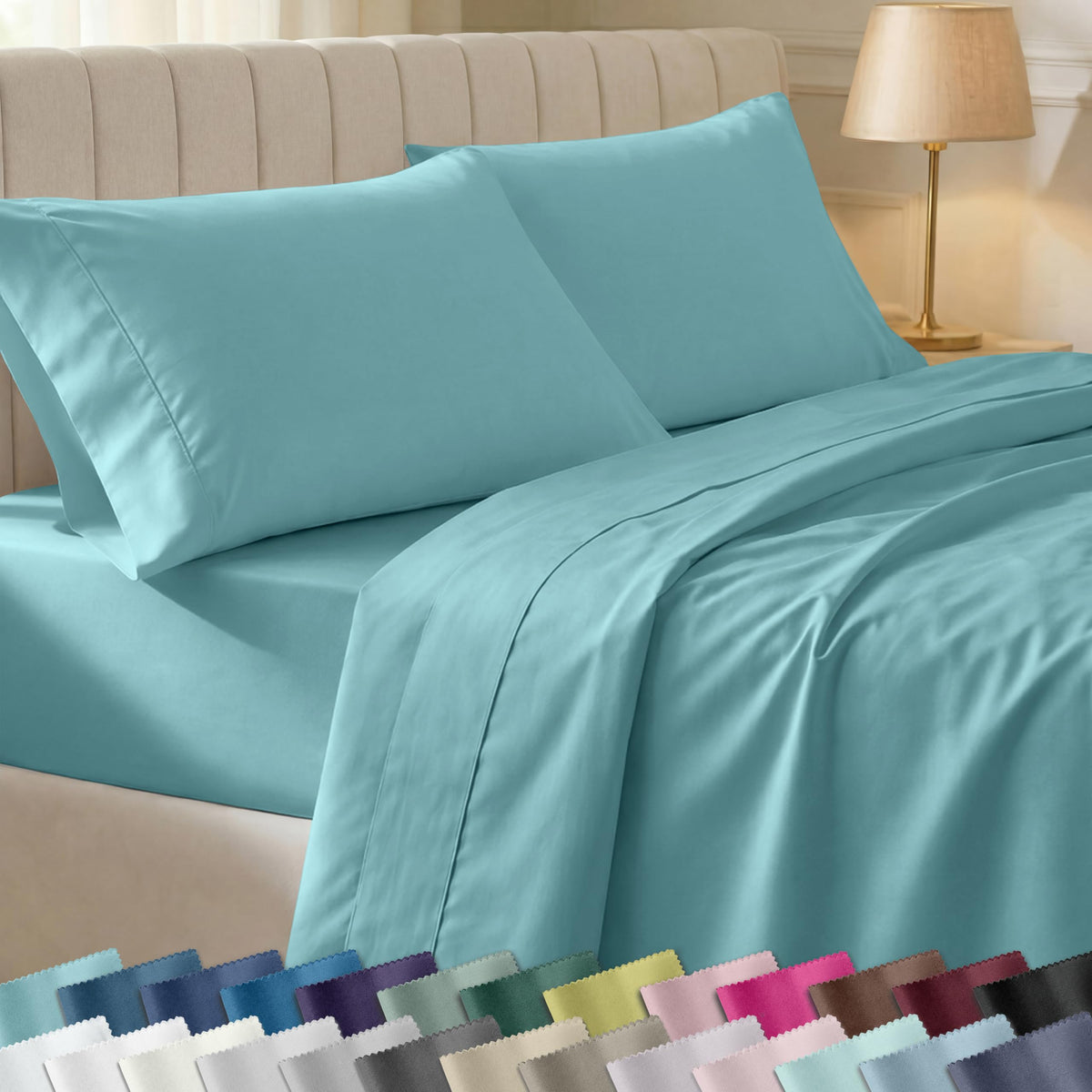 California Design Den soft cotton sheets flat sheet in teal with silky finish.