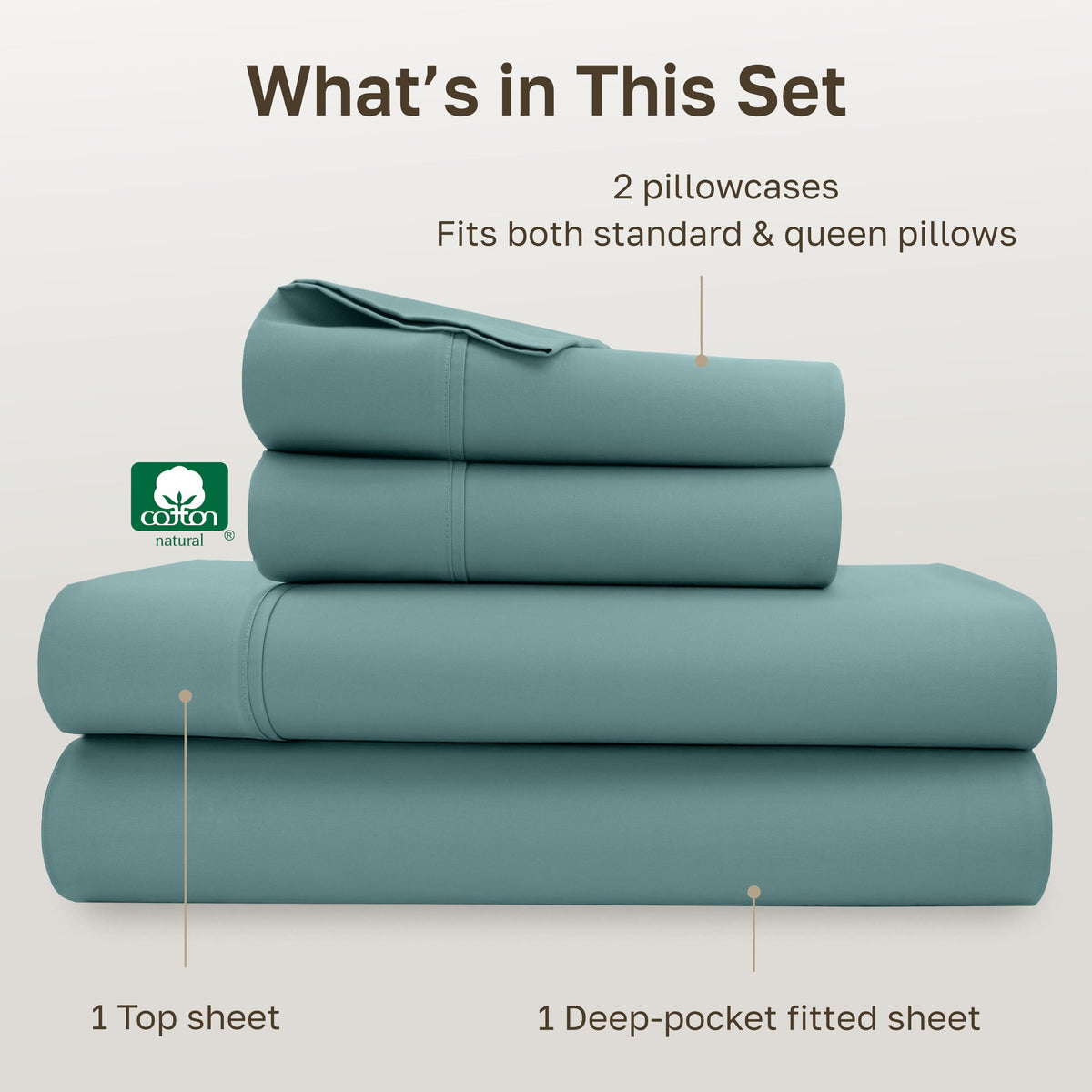 California Design Den teal cotton sheets with sateen weave for breathable comfort.