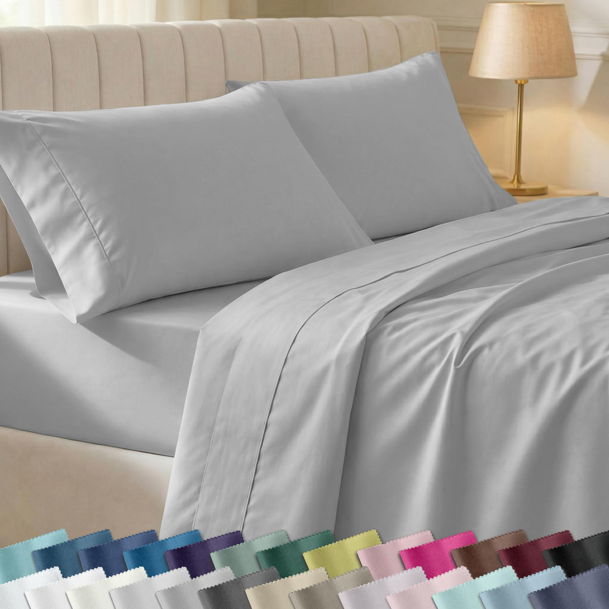 California Design Den soft 100% cotton sheets in light grey with silky sateen feel.