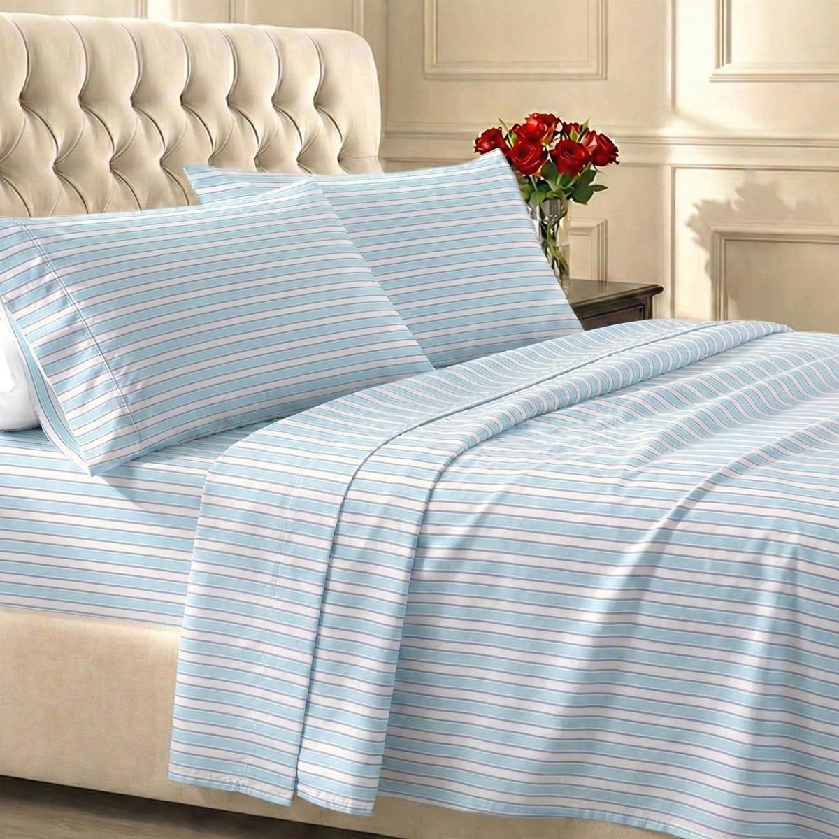 California Design Den soft cotton sheets cape stripe blue close-up showing silky sateen finish