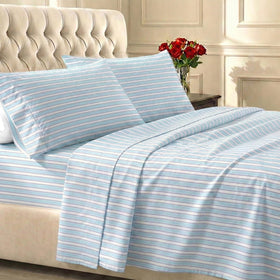 California Design Den soft cotton sheets cape stripe blue close-up showing silky sateen finish