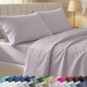 California Design Den soft full-size sheets in dusky lavender close-up offer gentle, breathable cotton comfort