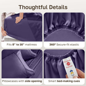 Bedroom scene featuring California Design Den purple sheet set for a cozy retreat.