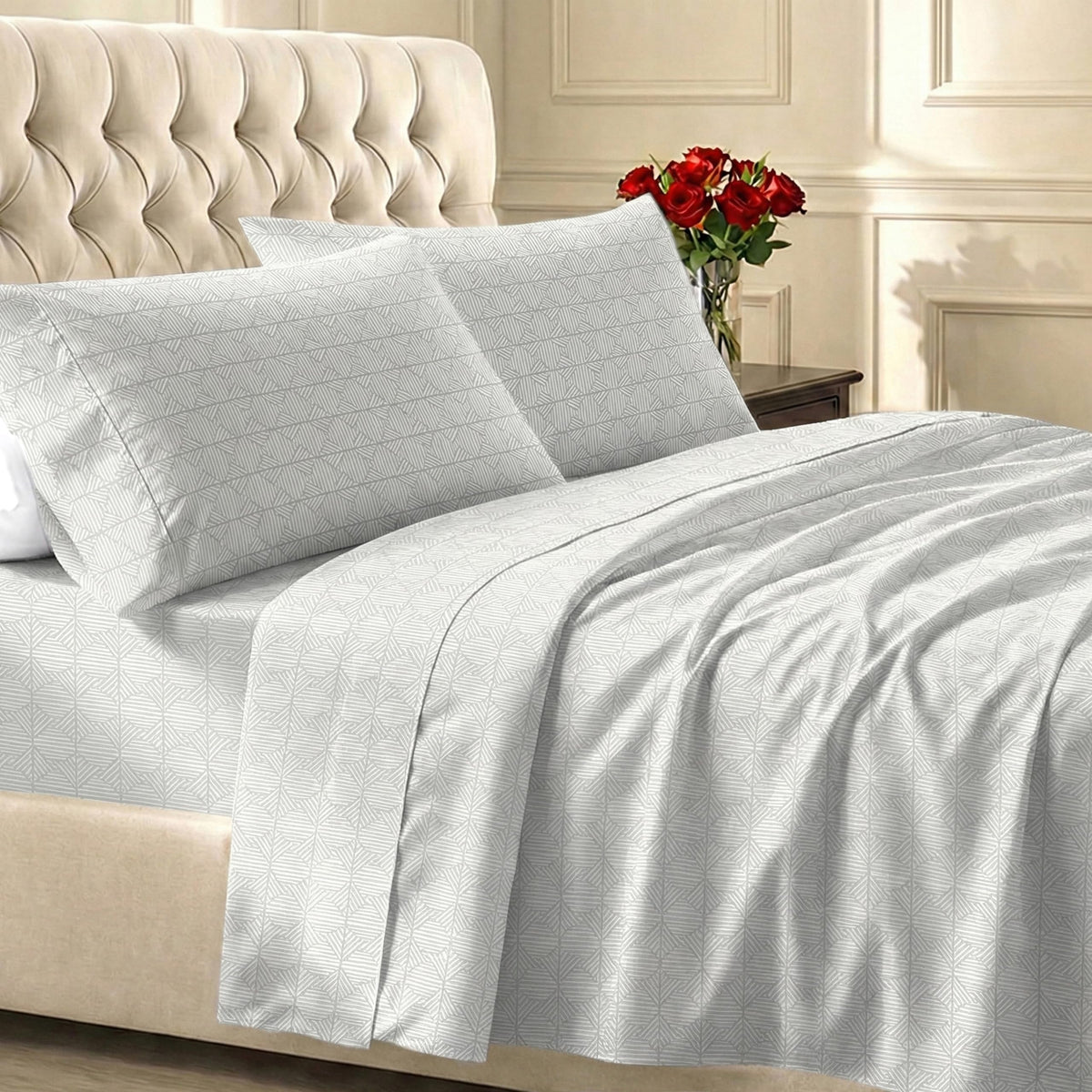California Design Den soft queen flat sheet in crosshatch taupish sage with smooth sateen finish