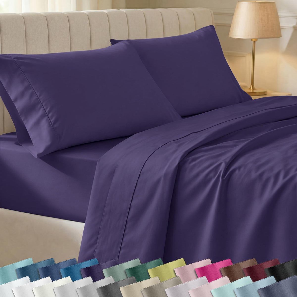 California Design Den soft queen flat sheet in purple offers silky softness and breathable comfort.