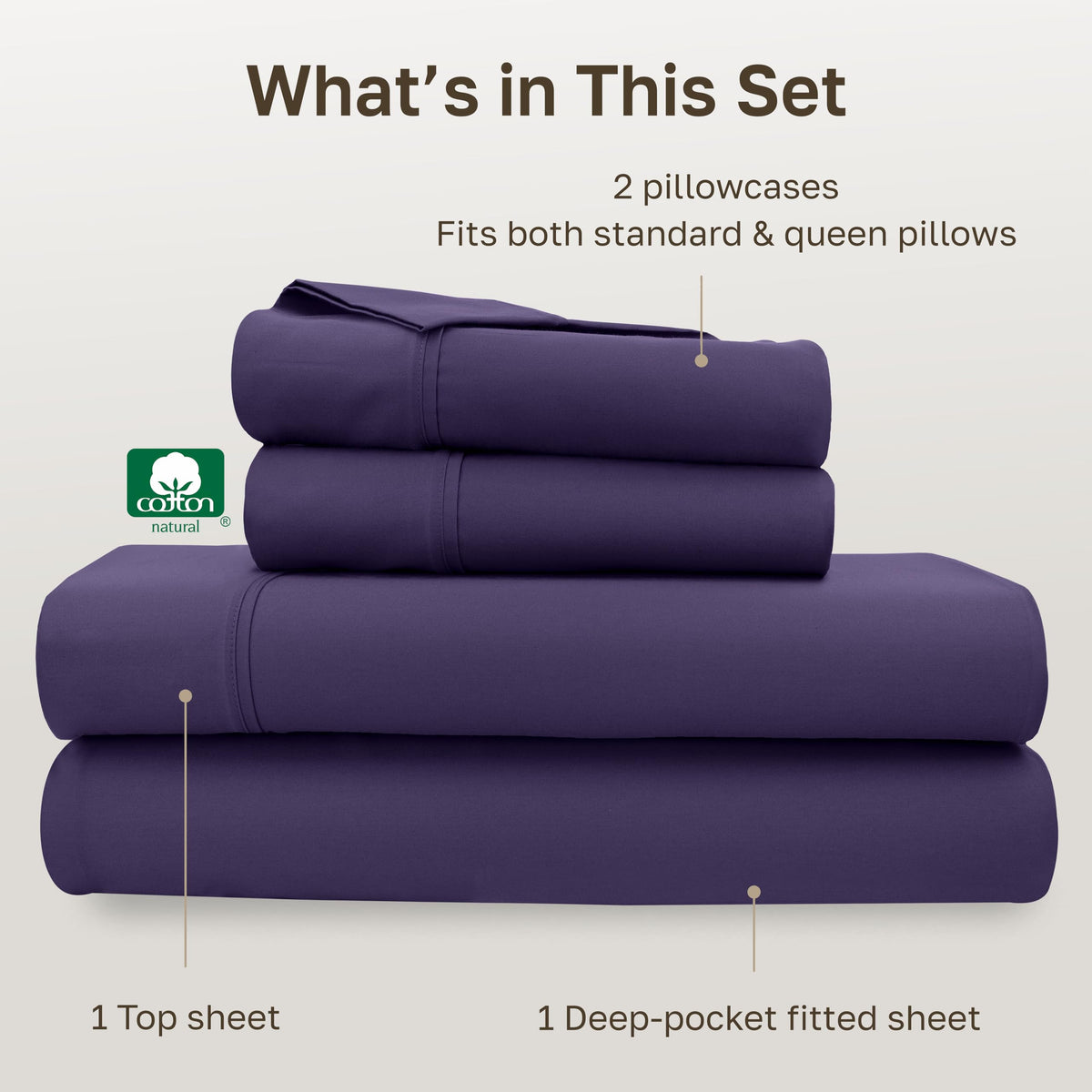 Close-up of California Design Den sateen weave showing lustrous, silky 400 TC finish in purple.