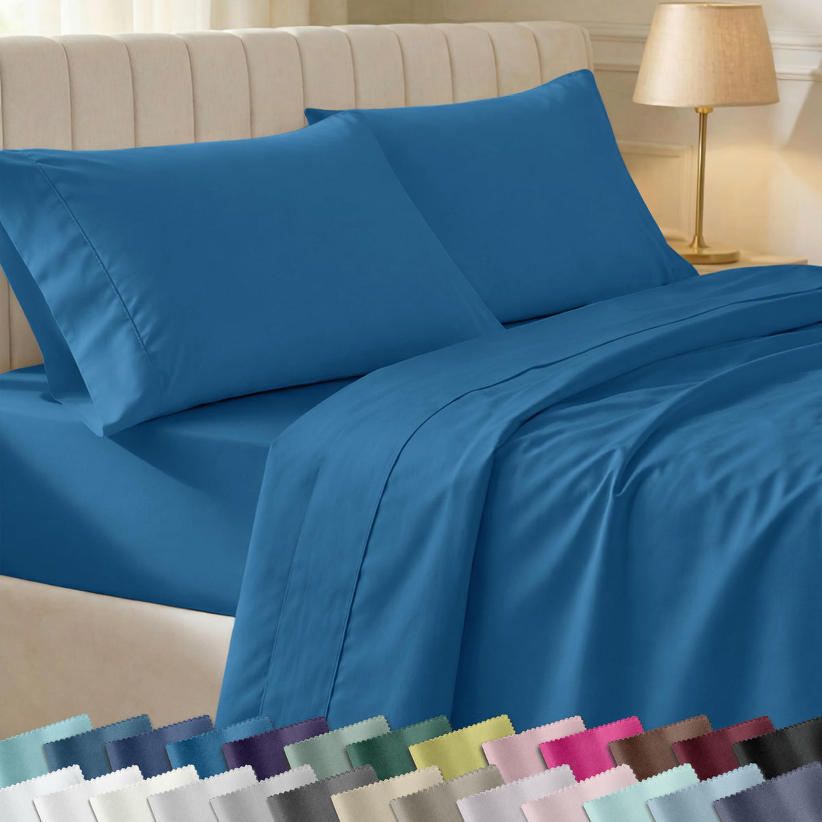 California Design Den soft queen sheets in cobalt blue offer silky, breathable comfort.