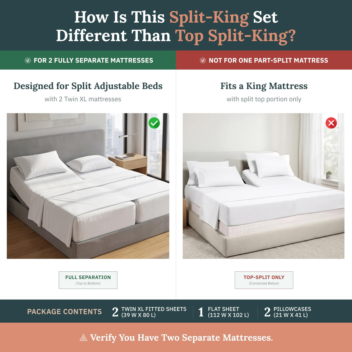 California Design Den split king fitted sheets with deep pockets.
