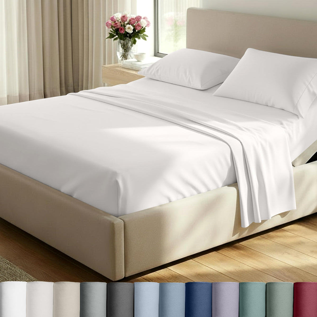 California Design Den split king top sheet in ivory, ultra-soft and breathable.