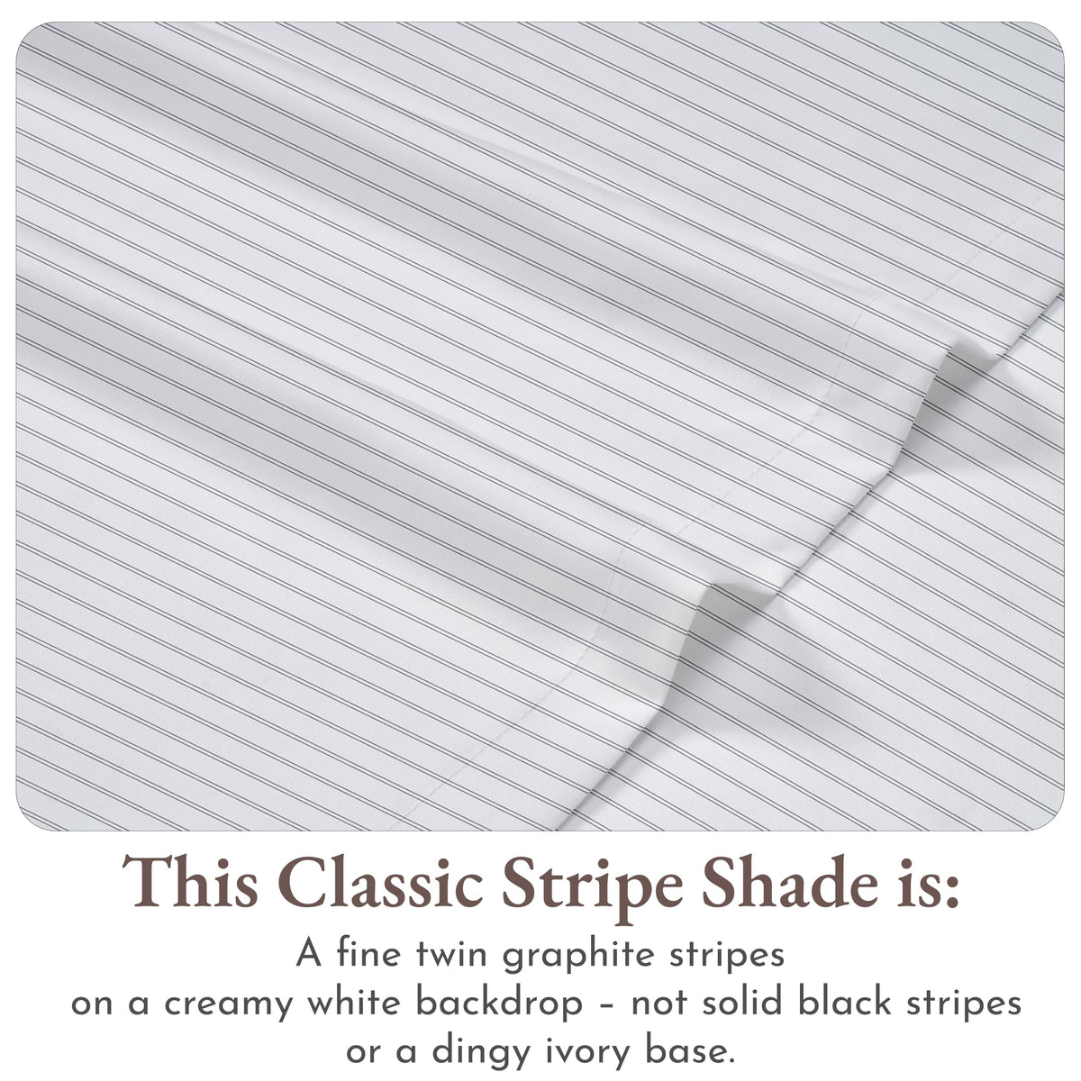 California Design Den stripe sheets queen ensemble on bed shows timeless, crisp elegance.