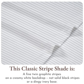 California Design Den stripe sheets queen ensemble on bed shows timeless, crisp elegance.