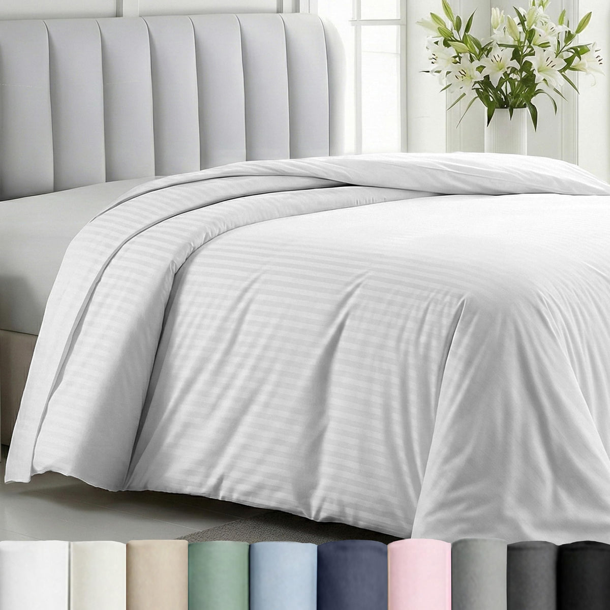 California Design Den striped white duvet cover in king size with soft cotton sateen for breathable comfort.