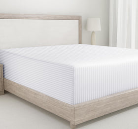 California Design Den striped white queen fitted sheet with subtle stripes for a crisp luxurious look.