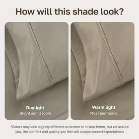 California Design Den taupe shade close-up highlighting warm undertones for versatile bedding.
