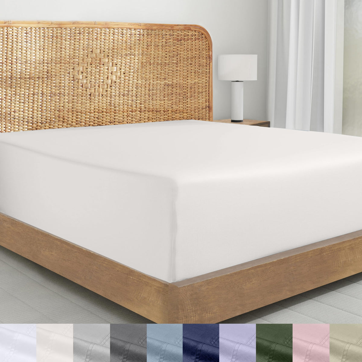 California Design Den True Ivory queen fitted sheet fabric closeup showing crisp percale texture