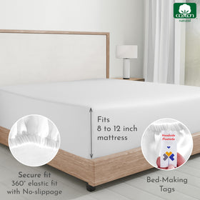 Plastic-free packaging for California Design Den twin fitted sheet packaging.