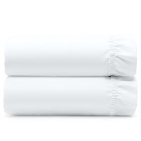 California Design Den twin fitted sheet white flatlay shows 12-inch pocket for secure fit.