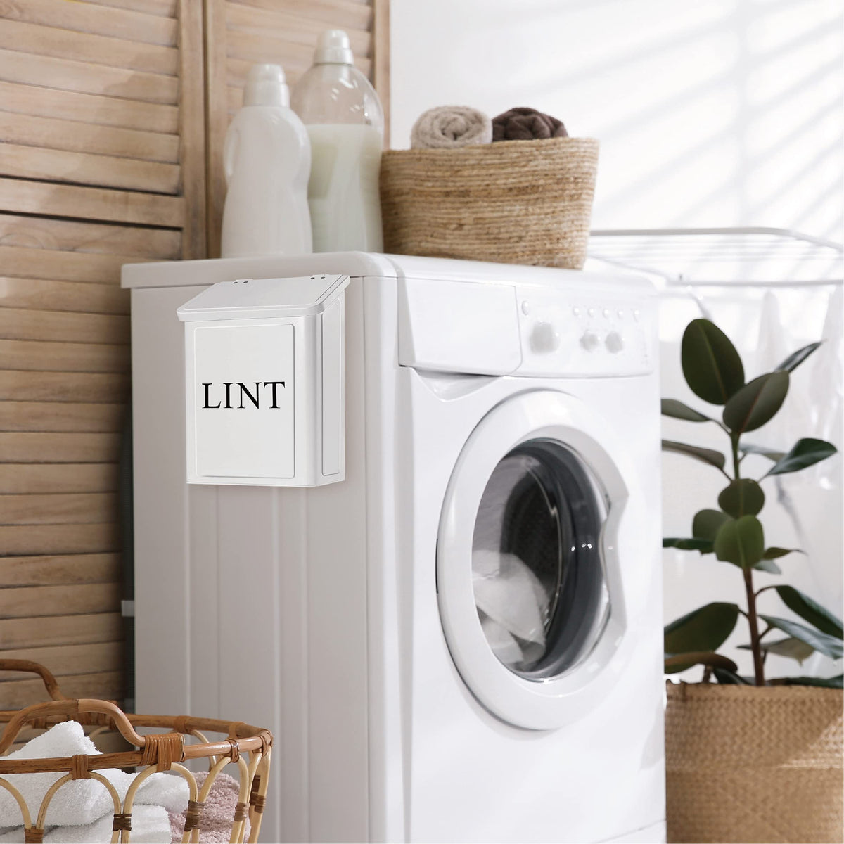 Calindiana lint bin on shelf with pods and dryer sheets