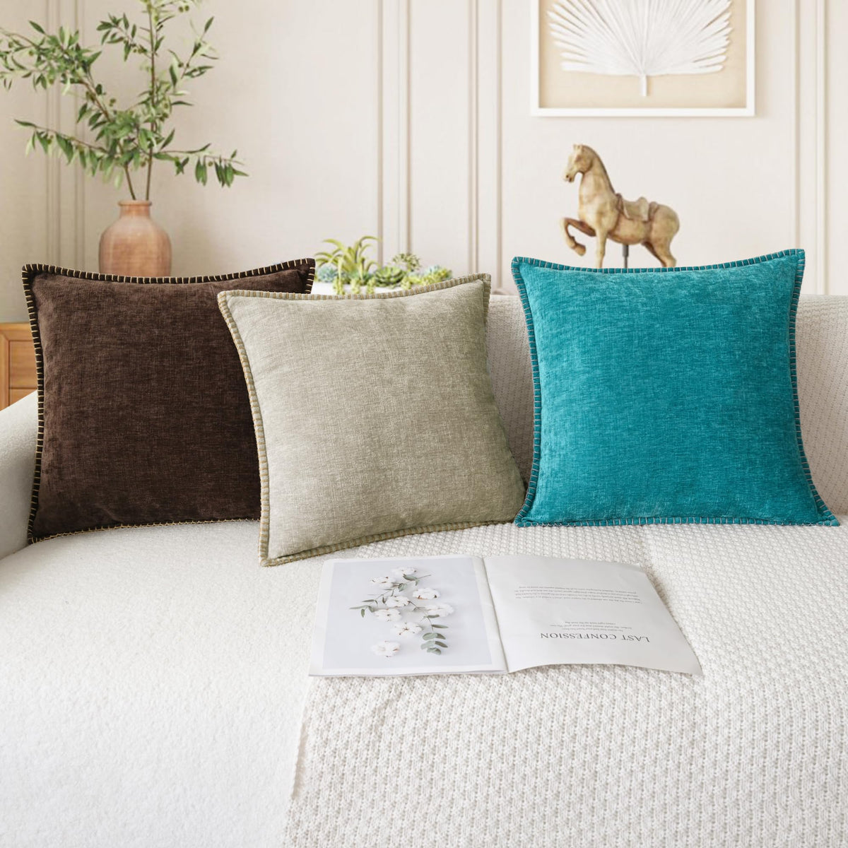 CaliTime decorative pillow on sofa adds cozy ambiance
