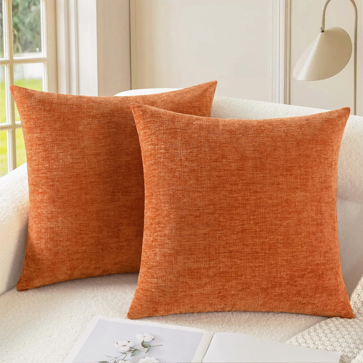 CaliTime burnt orange pillow cover front view in plush chenille for cozy seating