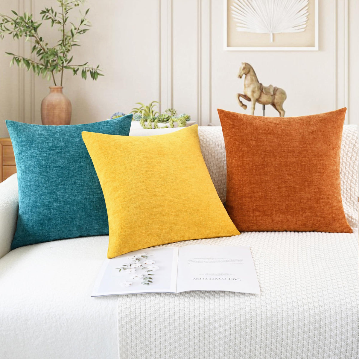 CaliTime burnt orange decor setup enhances living room warmth