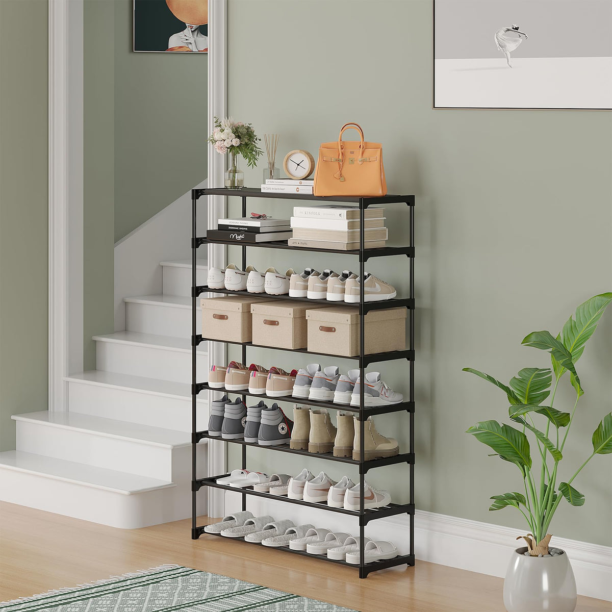 Calmootey 8-Tier Shoe Rack top shelf holding bags and umbrellas