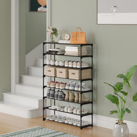 Calmootey 8-Tier Shoe Rack top shelf holding bags and umbrellas