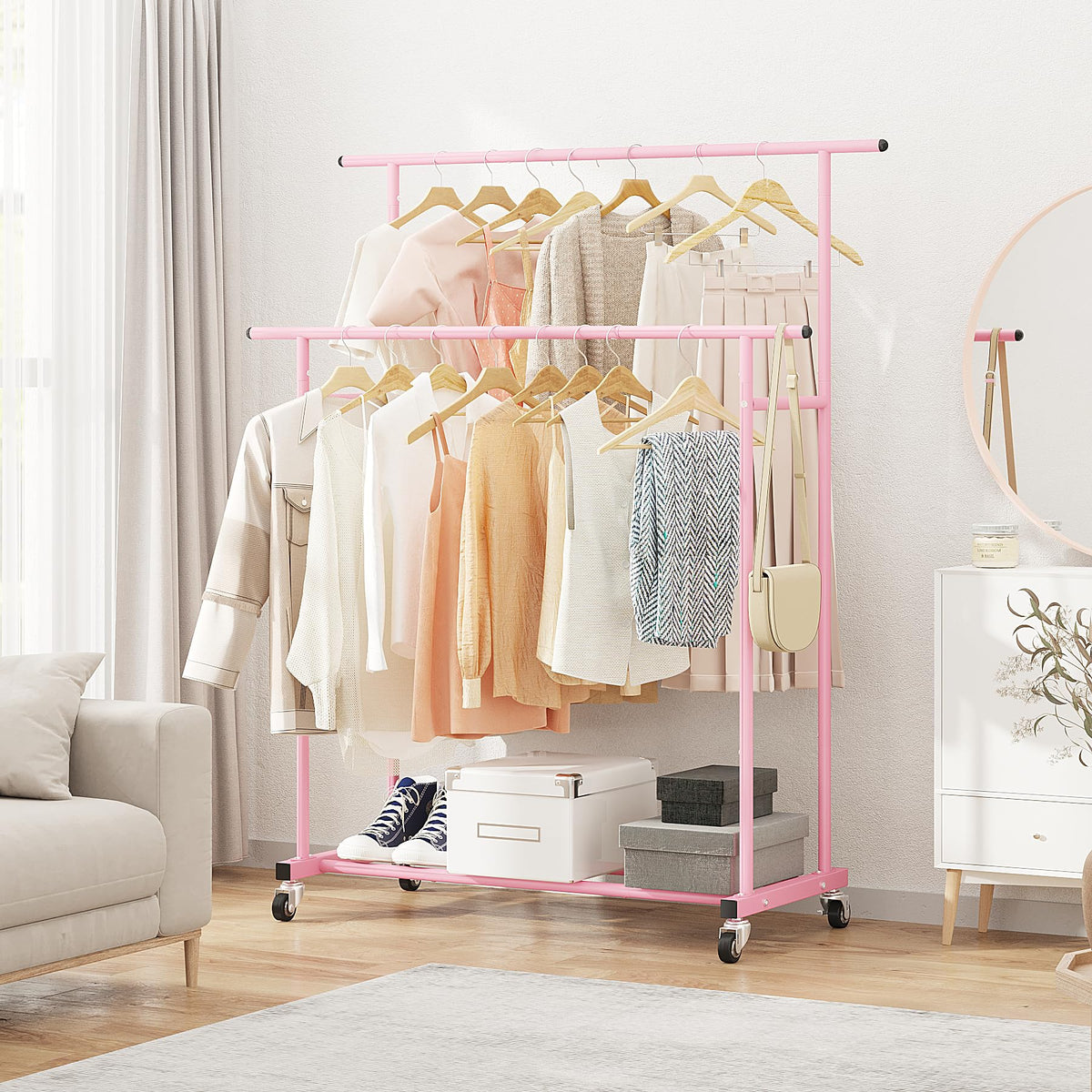 Calmootey bottom shelf provides shoe storage and extra blankets or bags.
