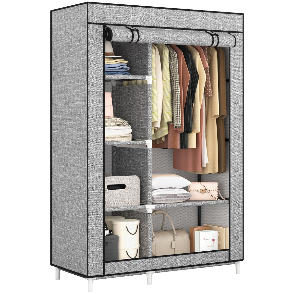 Calmootey closet with 6 shelves and hanging rod for organized wardrobe storage.