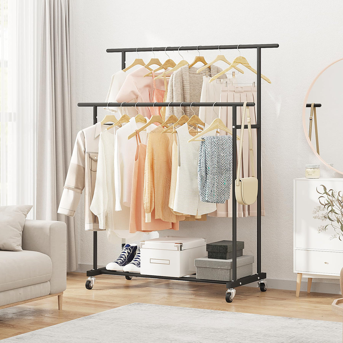Calmootey rack in bedroom demonstrates versatile placement in tight spaces.