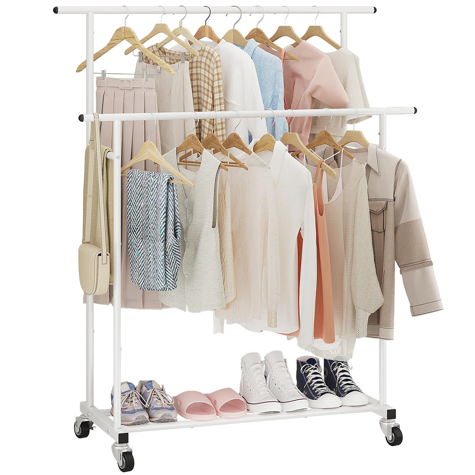 Calmootey Double Rod Clothing Rack front view with ample hanging space.