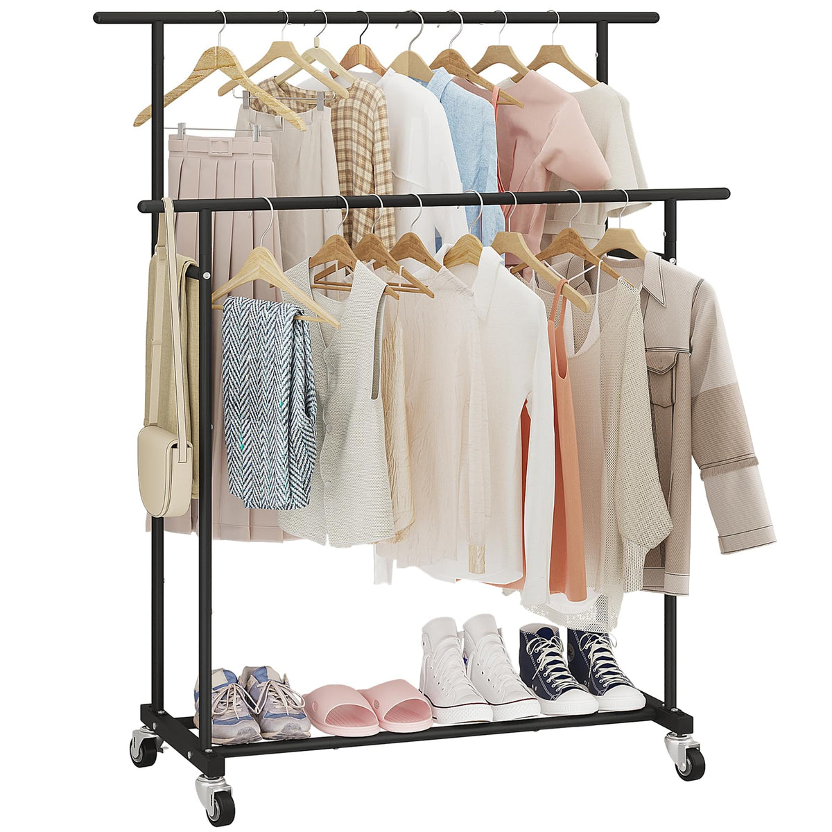 Calmootey double-rod rack front view showing ample hanging space for daily outfits.