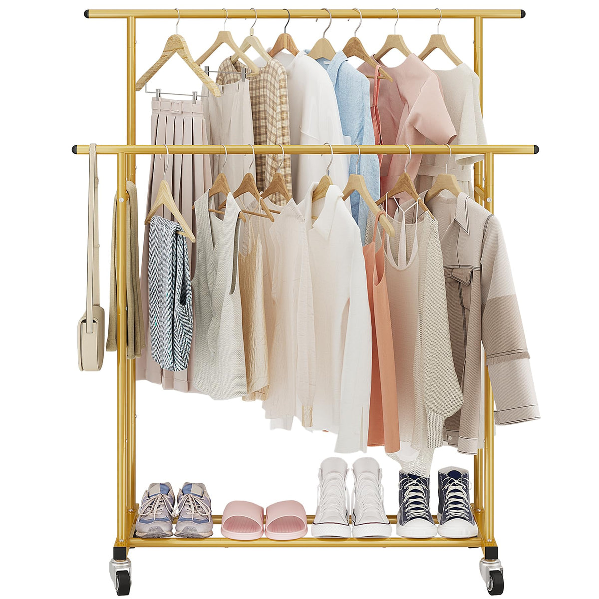Calmootey double-rod rack side view shows sturdy frame and extra storage
