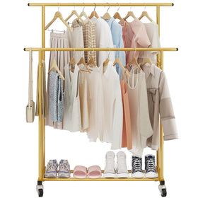 Calmootey double-rod rack side view shows sturdy frame and extra storage