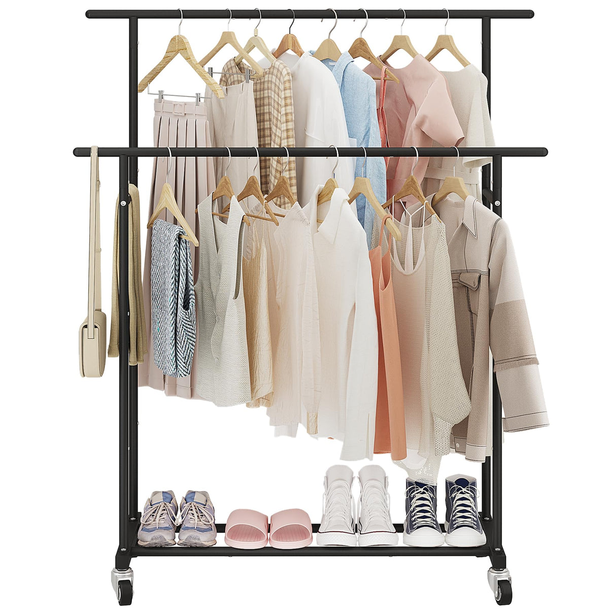 Calmootey rack side view highlighting two rods for longer garments and easy reach.