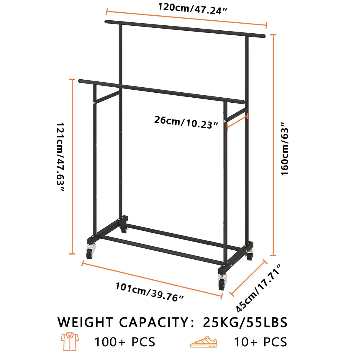 Calmootey double-rod rack with wheels enables easy moving and repositioning.