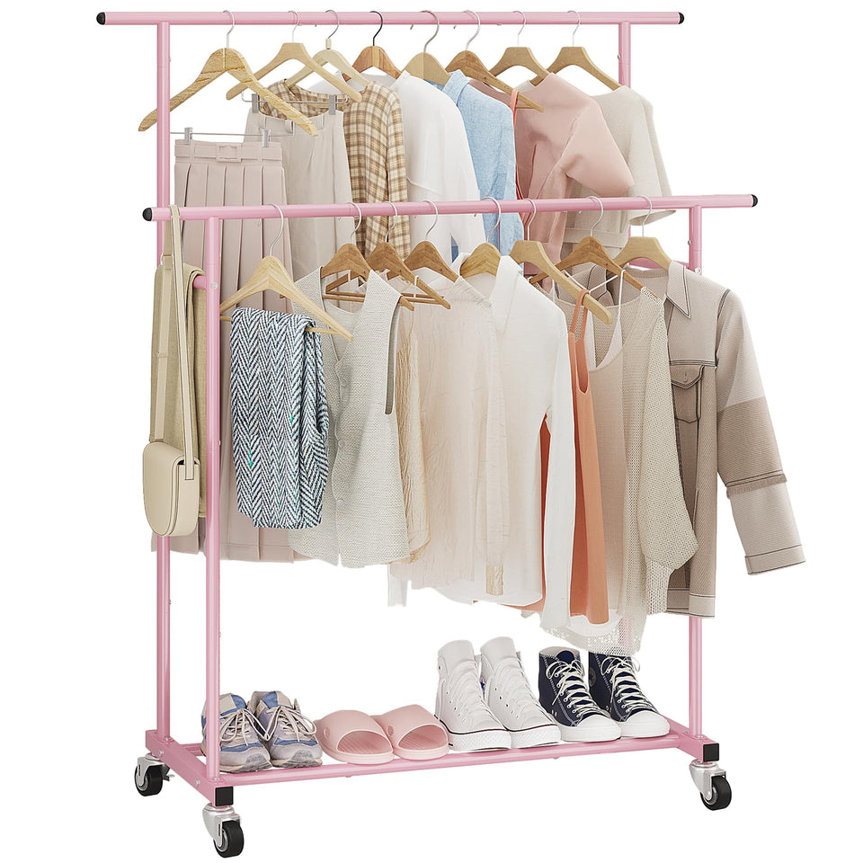 Calmootey double-rod garment rack in pink for organized wardrobe storage.